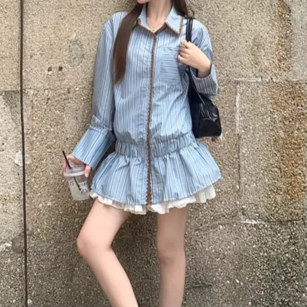 月香【蓝屿樱絮】蓝色条纹设计感翻领气质长袖衬衫女秋显瘦百搭别致
