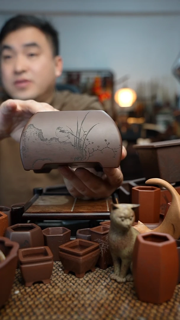 紫砂花盆画**新長木軒精品紫砂