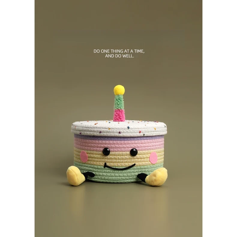 CPNGU 多巴胺趣味蛋糕棉绳编织收纳筐可爱卡通桌面杂物零食收纳盒