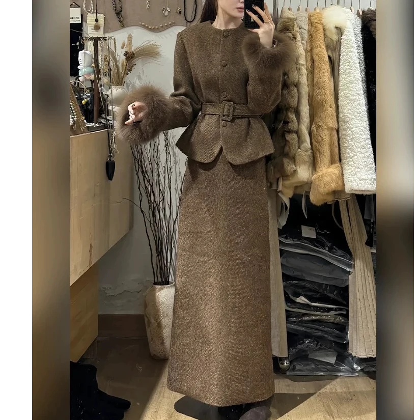 【嘎嘎推荐】轻熟风毛呢套装可拆卸袖毛高级感显瘦外套半身裙两件套