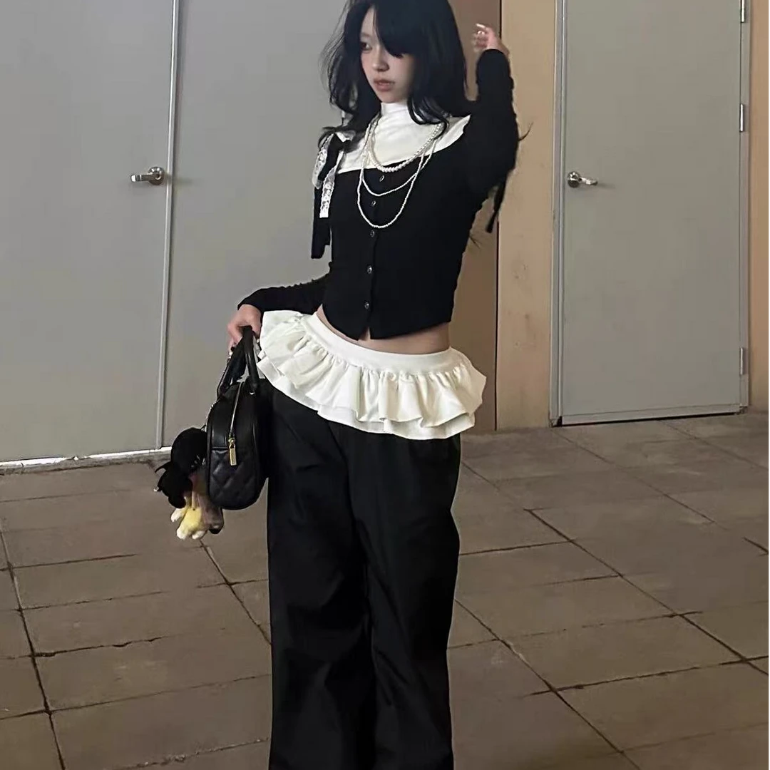 蓬蓬裙拼接花边黑色阔腿裤子女秋冬2025新款宽松休闲运动裤99818