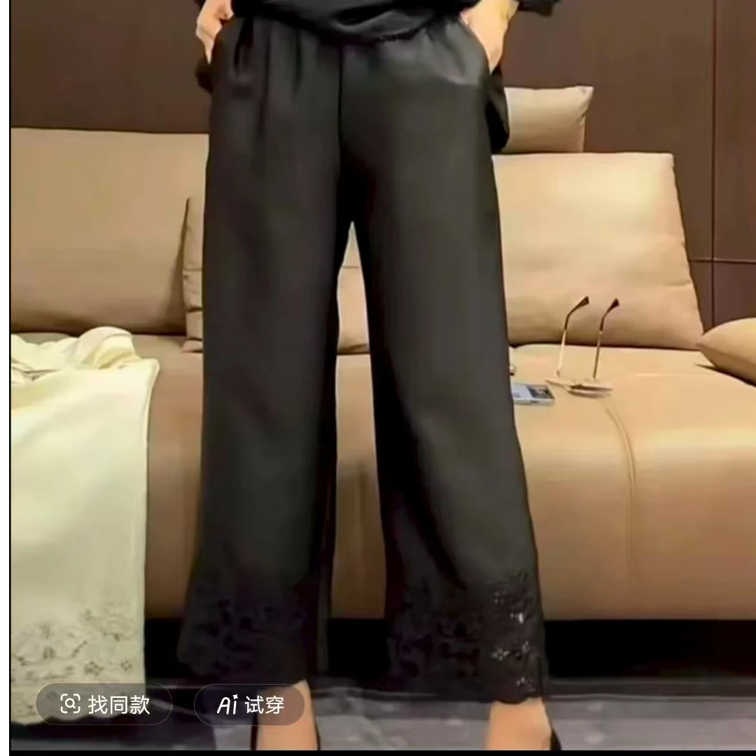 [桃园】 蚕丝重缎新中式国风高腰直筒窄版阔腿女士刺绣长裤099