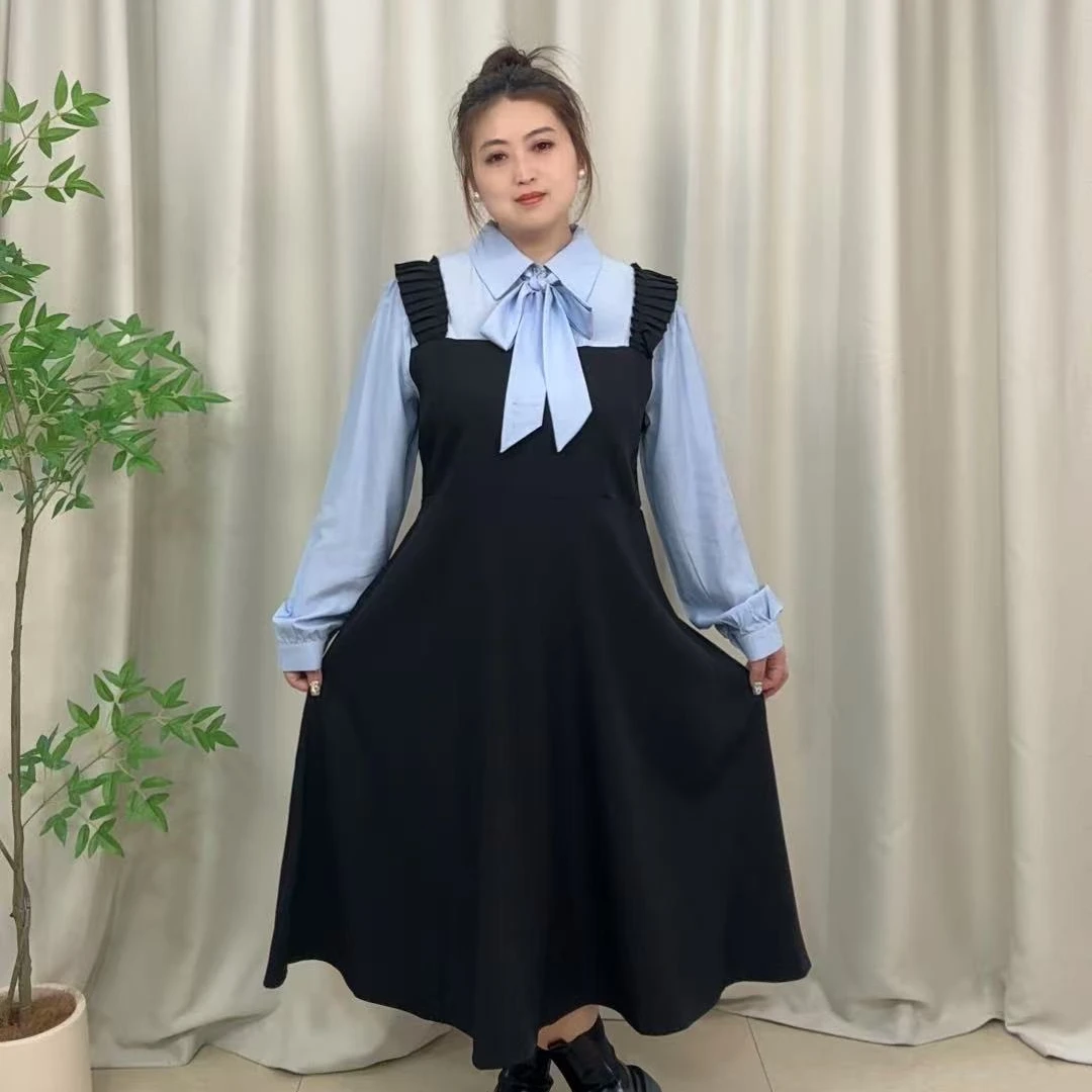 【木会大码】法式长袖蝴蝶结飘带假两件连衣裙显瘦修身