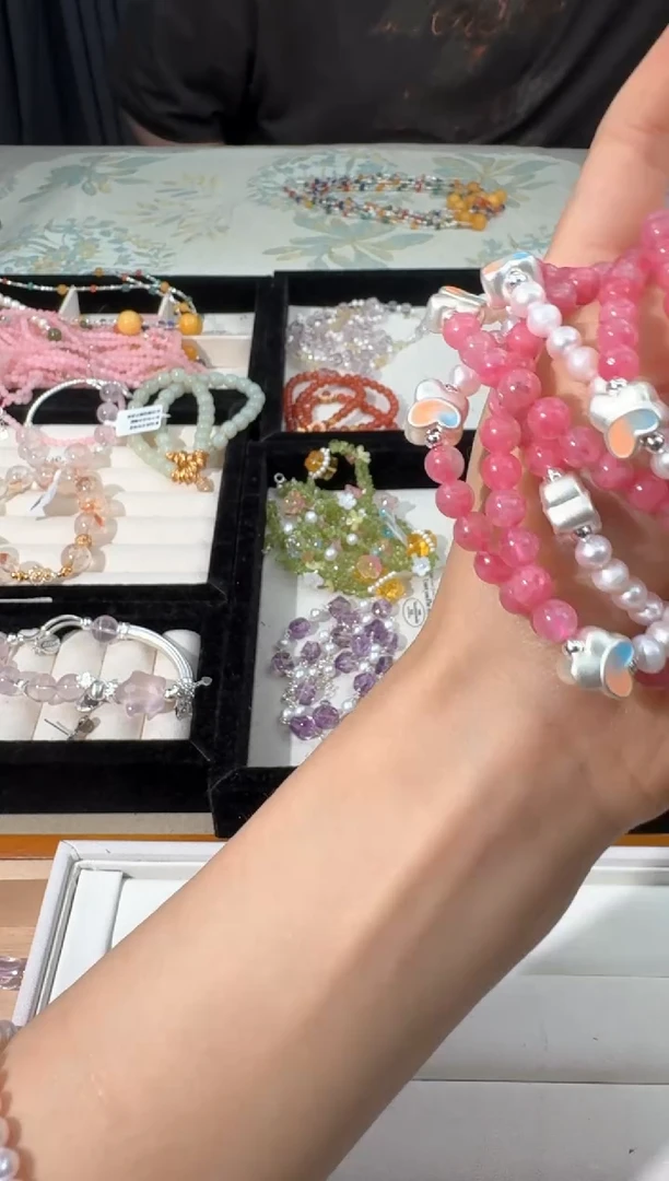 水晶手链银S925镶嵌A042珍朱樱花雨双拼款