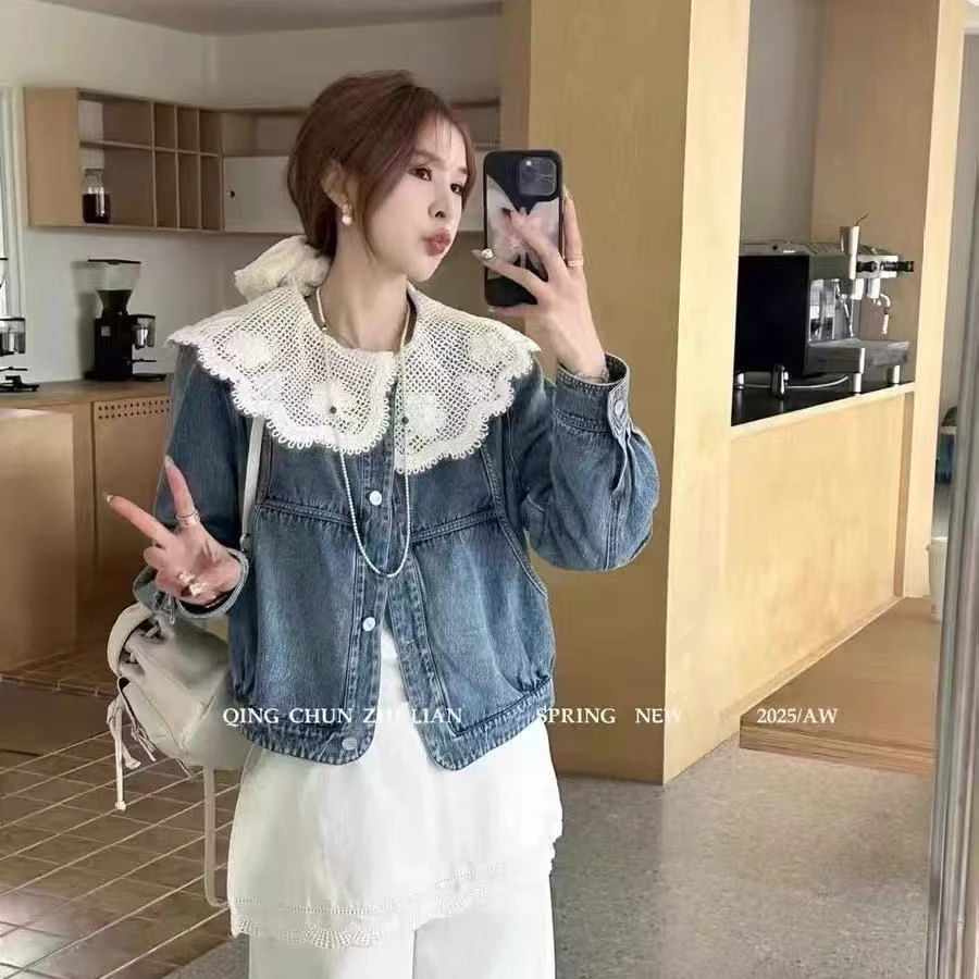 韩国春季新款韩系宽松显瘦设计感蕾丝花边娃娃领短款牛仔外套女