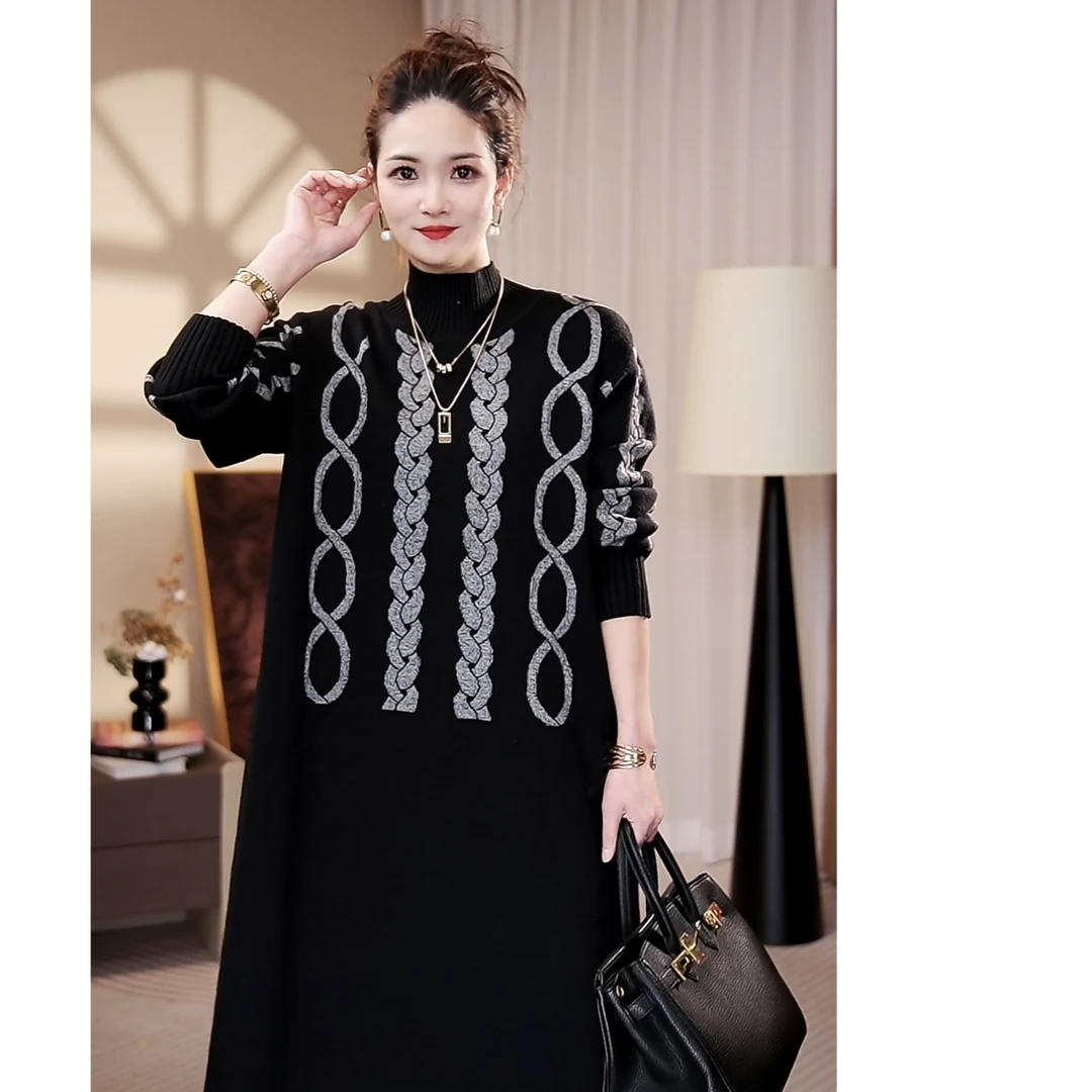 高端品质【花玲珑】秋冬显瘦长袖宽松高档保暖毛衣打底连衣裙-6116#