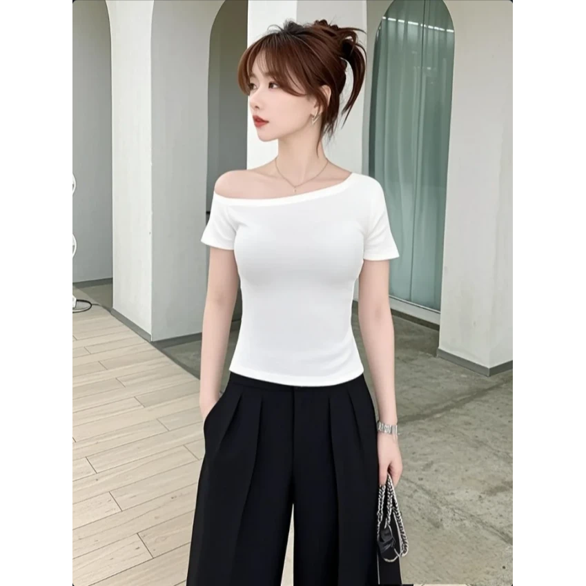 白色斜肩短袖t恤女2025新款夏季纯棉修身显瘦小众高级感露肩上衣