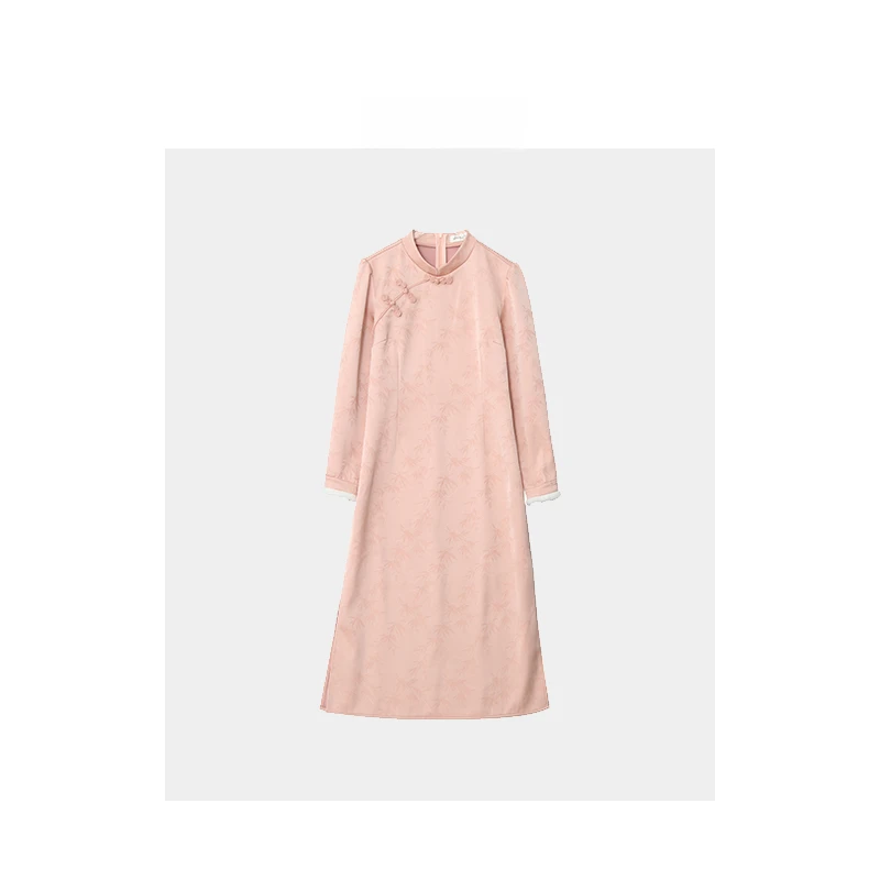 【狂欢价】7863微胖宽松修身国风纯色竹叶纹加厚改良旗袍连衣裙