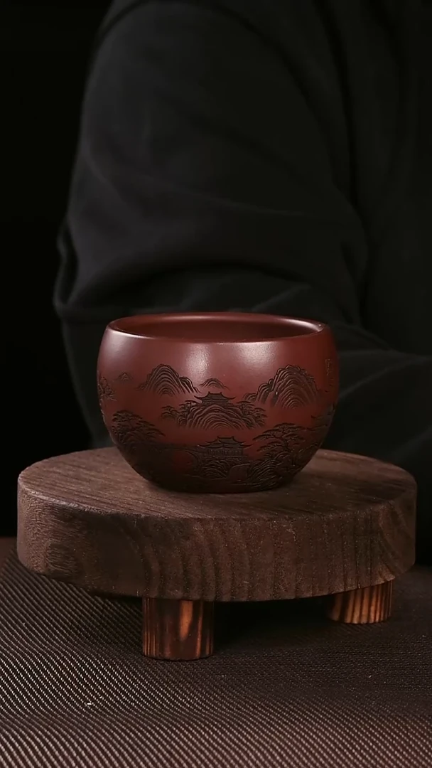 茶杯紫砂国色芳华紫砂纯手工刻绘主人杯180CC