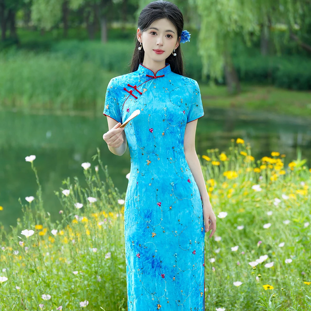 刺绣气质高腰裙日常立领文艺旗袍新中式春夏晕染中国风