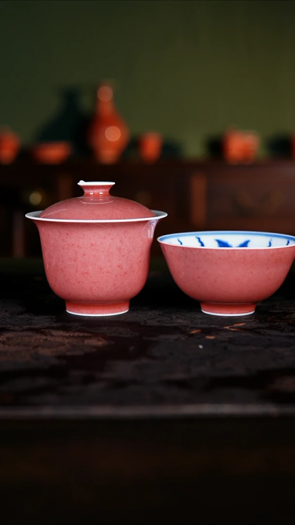 盖碗白泥瑕疵价 景德镇纯手工陶瓷豇豆红