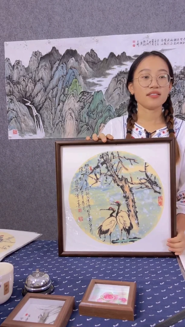 国画带框发41cm*41cm个人纯手绘松鹤延年