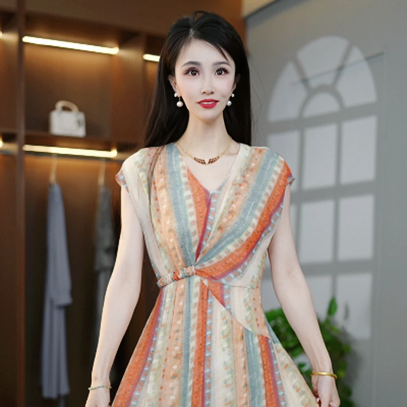 夏季新款百搭洋气减龄遮肚子显瘦法式气质收腰无袖连衣裙M-4XL