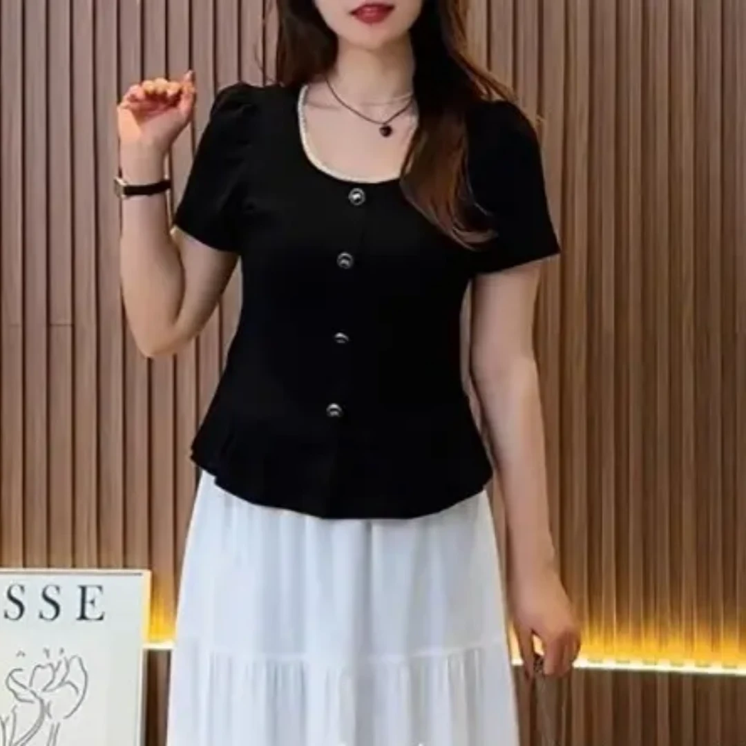 简约大码宽松微胖mm休闲百搭纯色显瘦遮肚上衣女2025夏装新款T恤
