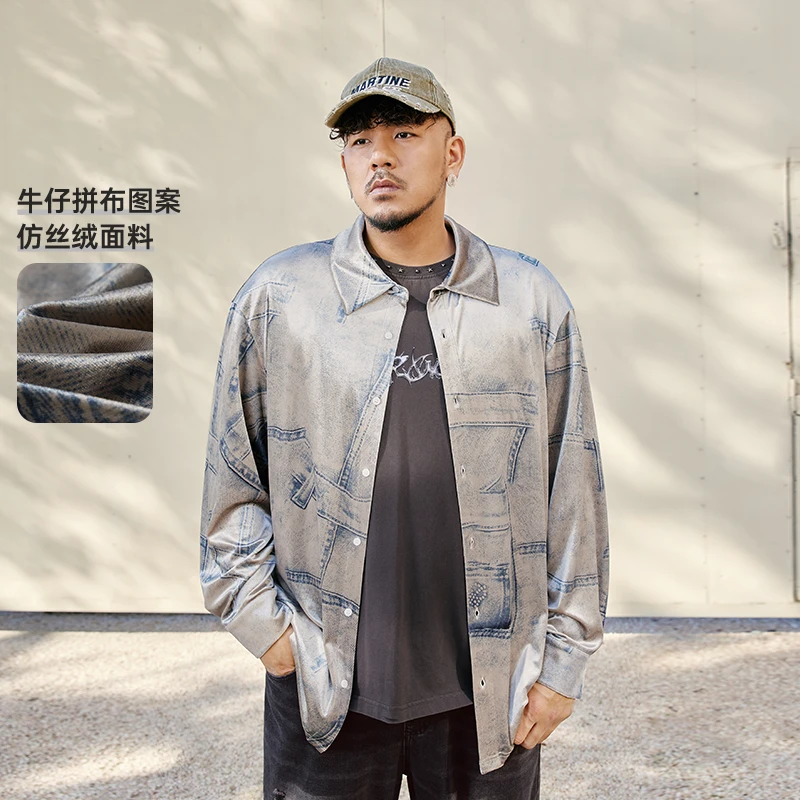 NMAX大码潮牌男装25年春新品绒面垂坠长袖衬衫仿牛仔上衣FNC001