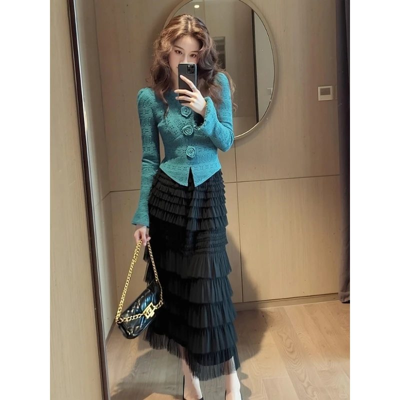 御姐轻熟风高端精致重要场合高级感蓝色上衣半身裙两件套装女秋冬