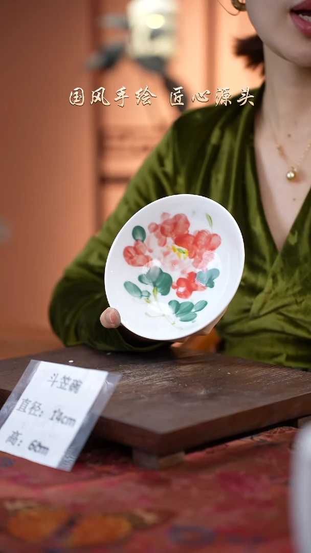 陶瓷景德镇高温釉中彩斗笠碗直径14高6