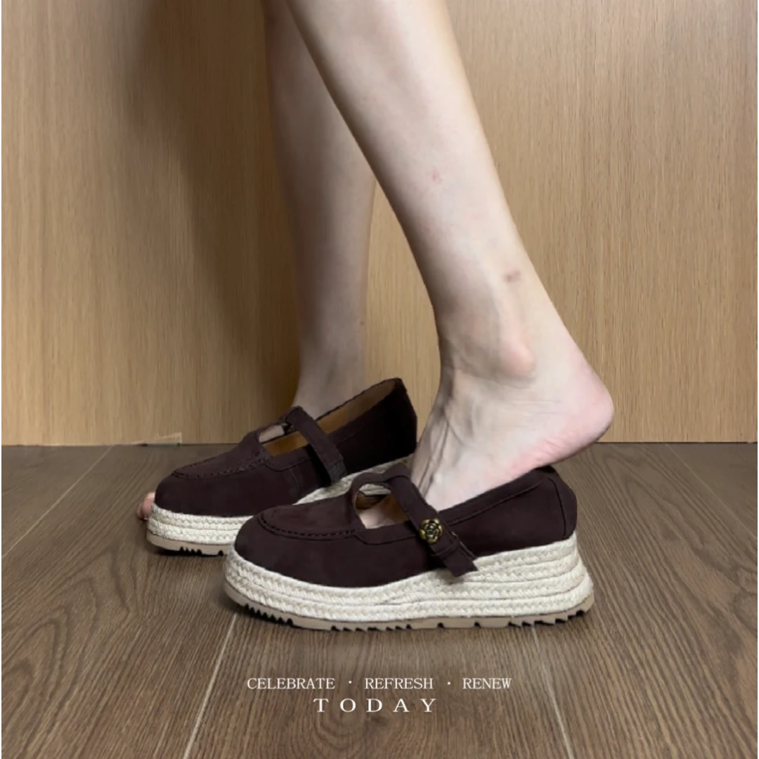 2321时尚复古6CM厚底圆头渔夫鞋女草编织底丁字扣带百搭乐福鞋女