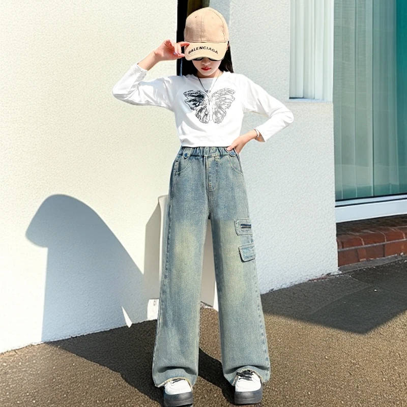 女童夏季休闲阔腿裤2025新款洋气儿童服装女孩中大童时尚牛仔裤子