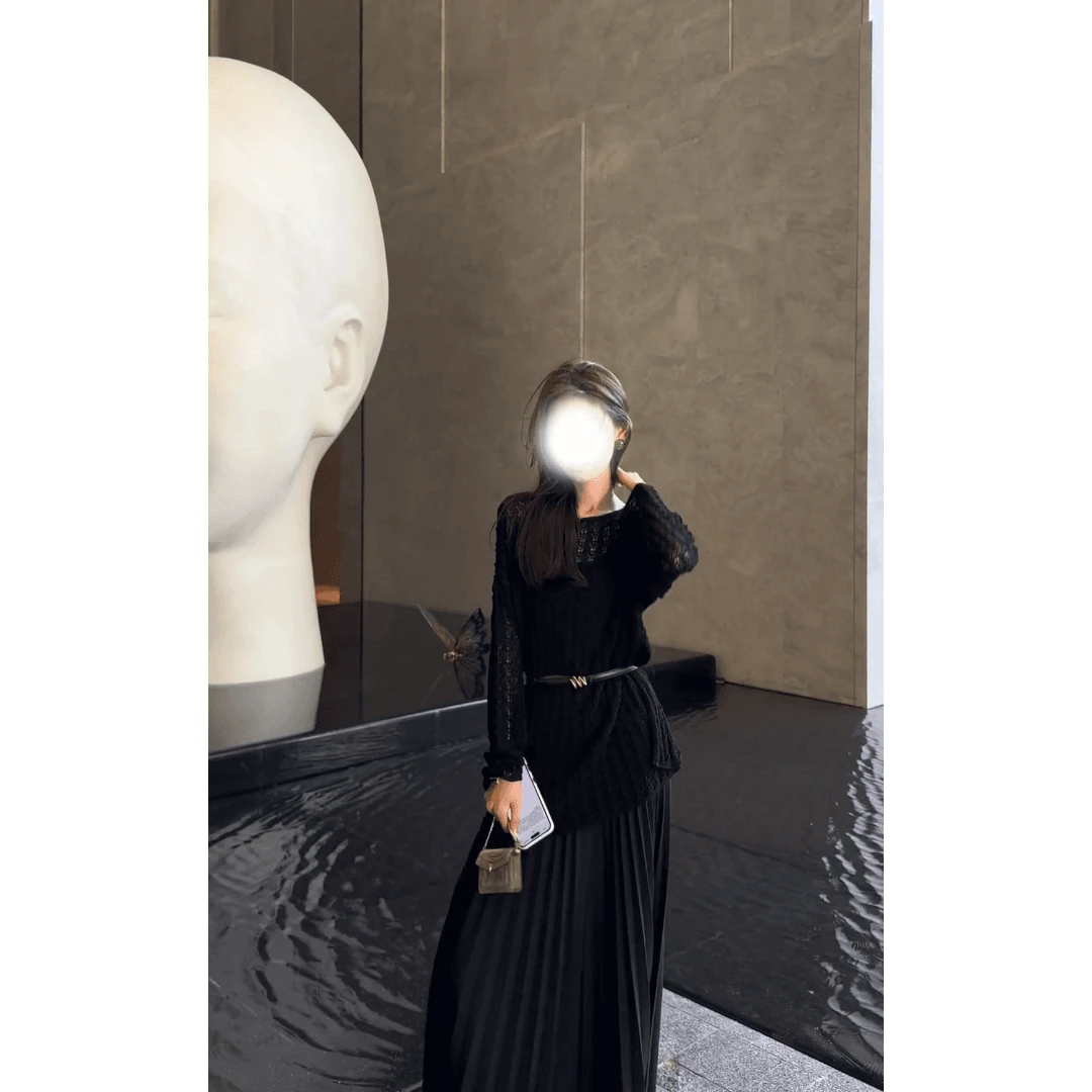 法式高级设计感镂空罩衫上衣女秋季高腰显瘦半身裙套装