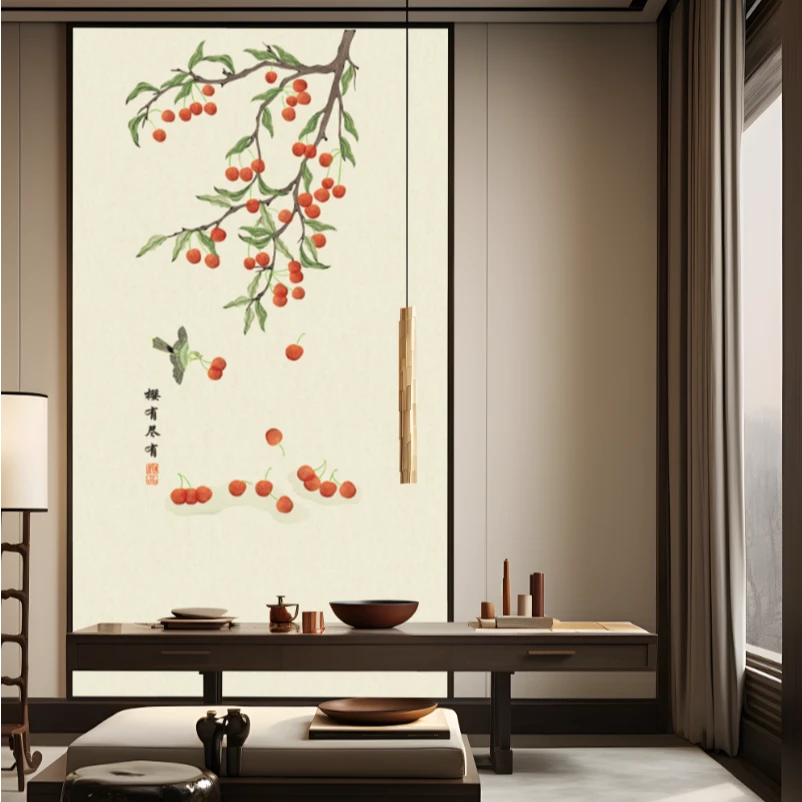 禅意新中式独绣背景玄关图九鱼图