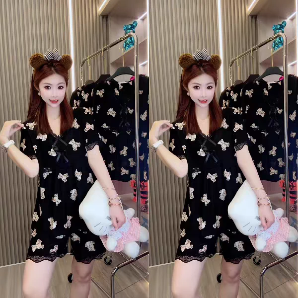 夏季新款冰丝网眼睡衣套装女宽松短袖短裤凉爽家居服套装可外穿