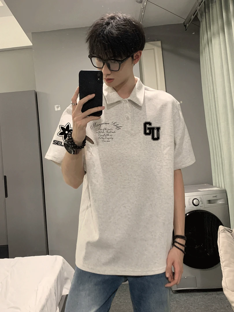 新款polo衫高级纯棉休闲宽松港风韩版透气潮流印花ins男款短袖t恤