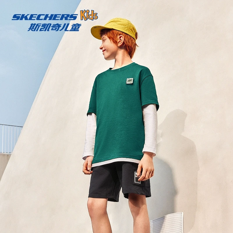 斯凯奇童装男女童假两件长袖t恤T恤衫儿童秋季纯棉上衣L125K070DB