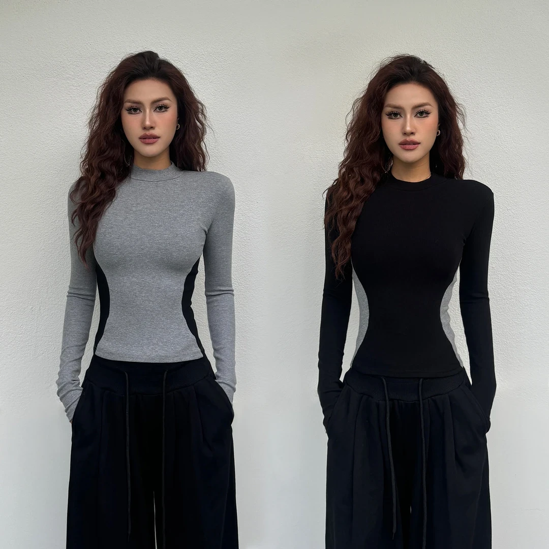 美式撞色设计感拼接上衣今年流行的爆款春秋新款修身显瘦T恤内搭