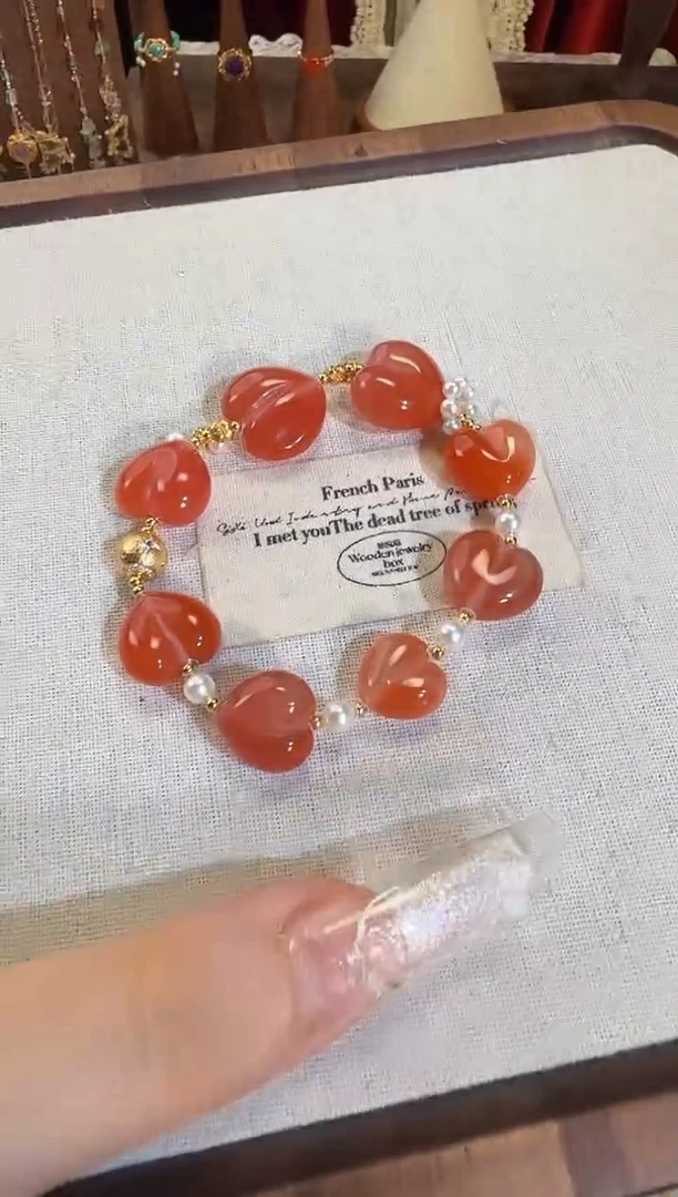 手链银S925镶嵌南红玛瑙冰红爱心