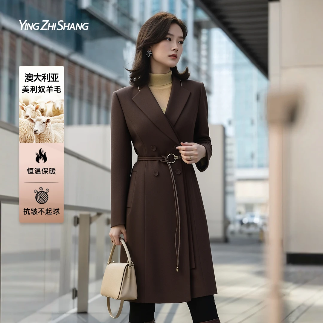 【陈数同款系列】赢智尚绵羊毛棕色显瘦长款大衣女秋新ZL00331