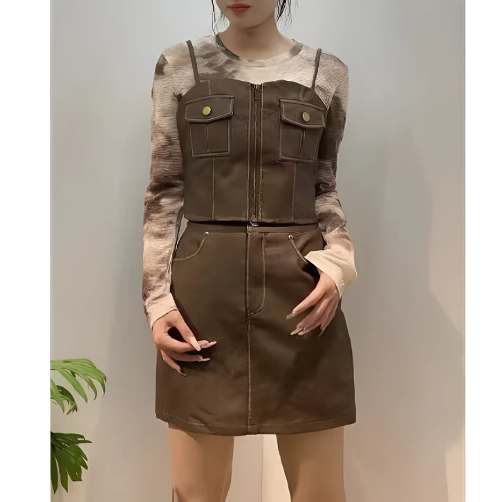 秋季美拉德穿搭复古时髦洋气显瘦pu皮吊带上衣半身短裙三件套装女