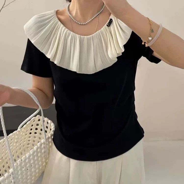 法式荷叶领短袖T恤女2025夏季设计感黑色修身洋气打底衫小衫上衣