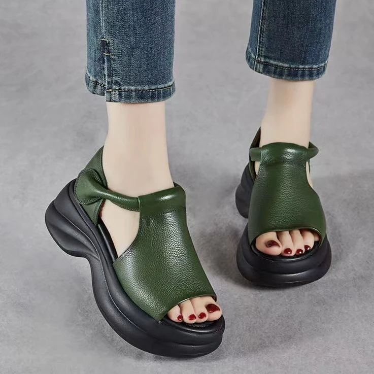 51215妞夏季新款牛皮镂空透气凉鞋松糕厚底增高复古百搭露趾女鞋