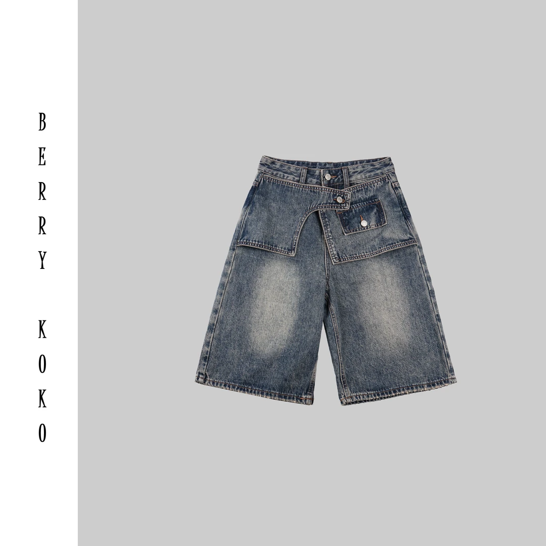 【MISSKO】原创复古洗水牛仔显瘦假2件自带腰封直筒中裤  裤子K0001