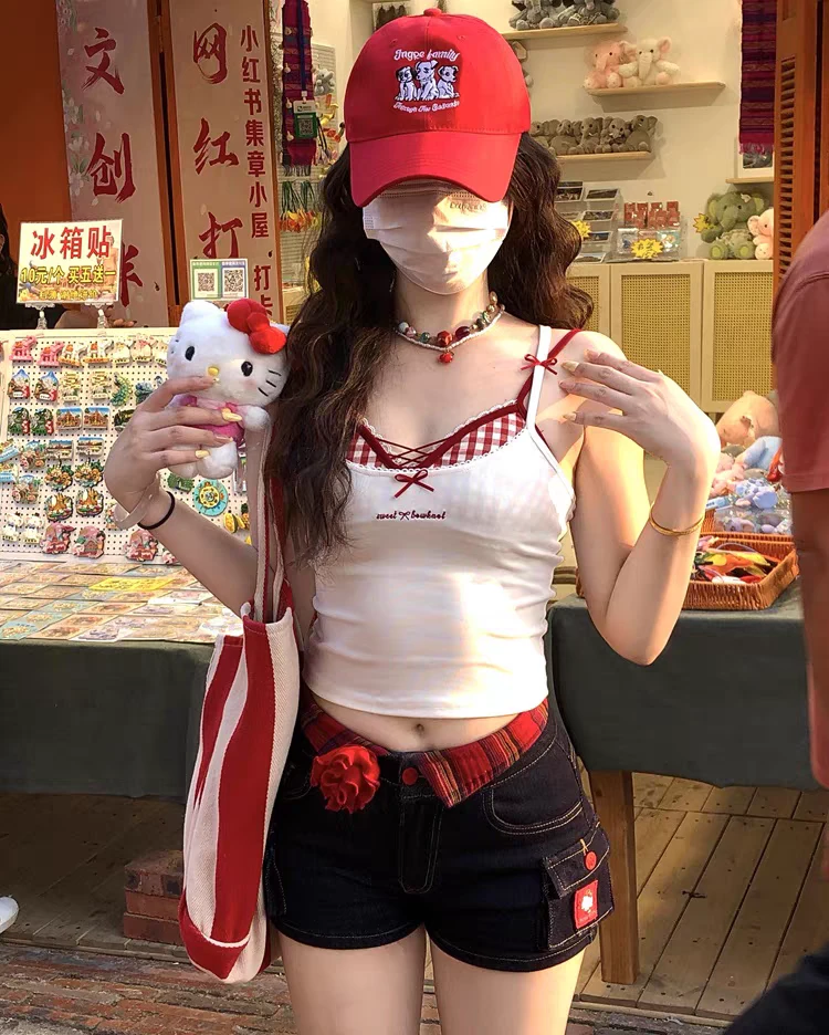 【奥莉】2025春夏：辣妹蝴蝶结蕾丝彩格交叉胸衣吊带背心两件套