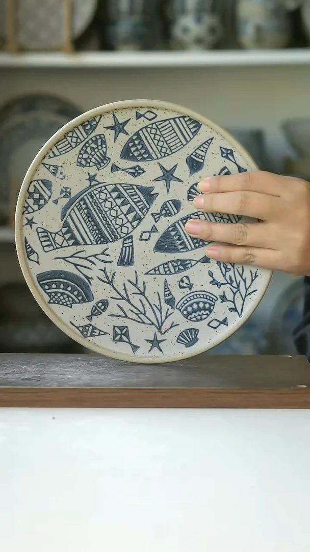 无粗陶手绘海底世界早餐盘21@4-2@