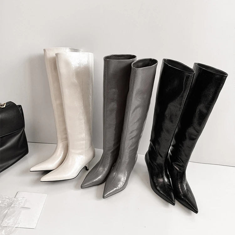 YUGE尖头长筒靴女细跟高跟靴御姐长靴高筒靴大筒围裤管靴5.5cm
