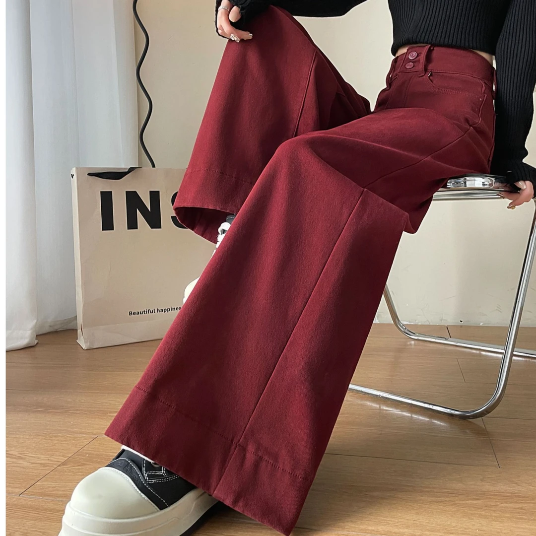 潮流红阔腿牛仔裤女2025年春秋款高腰宽松休闲裤显瘦垂感拖地裤子