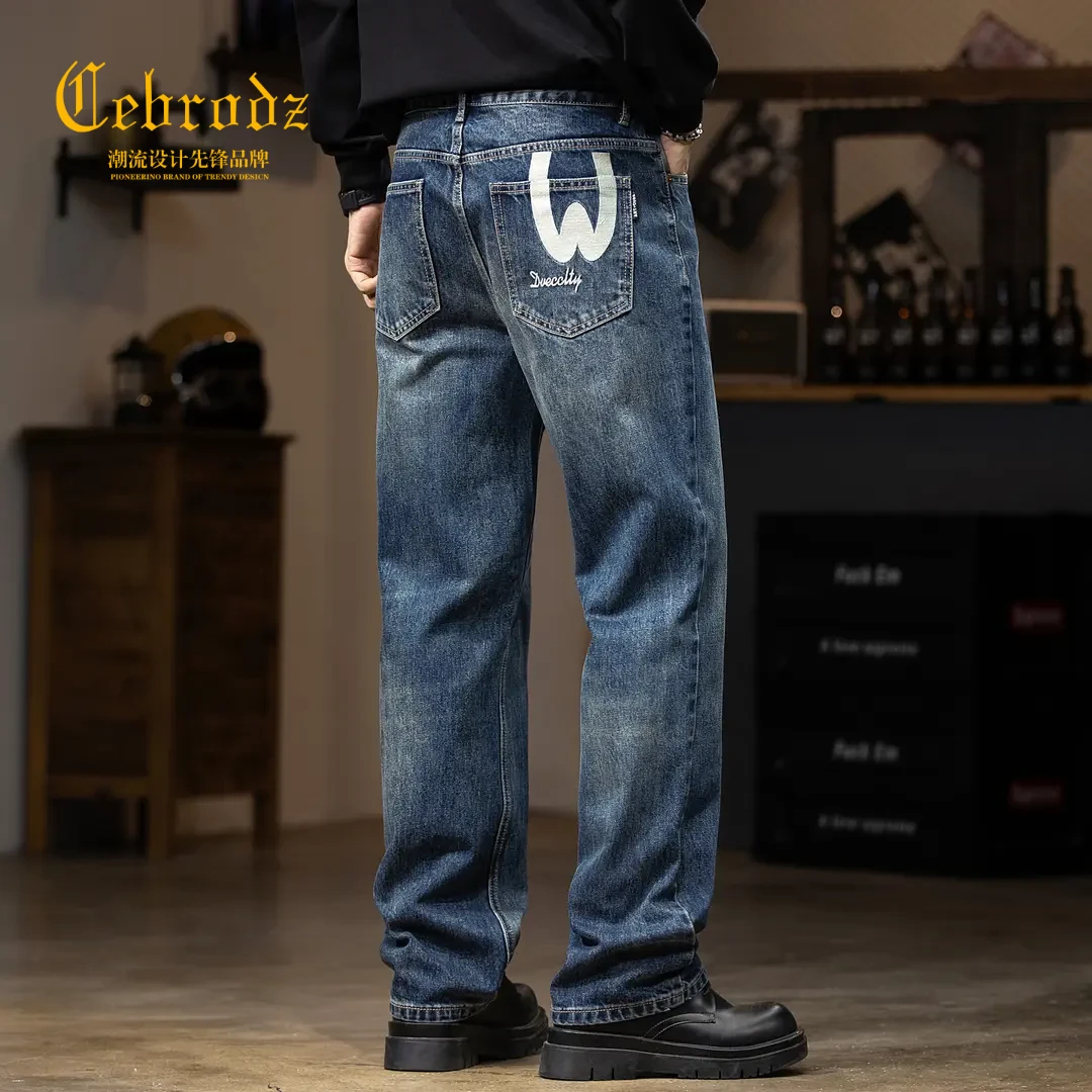 法国Cebrodz美式复古水洗宽松直筒牛仔裤男士潮牌印花百搭潮流