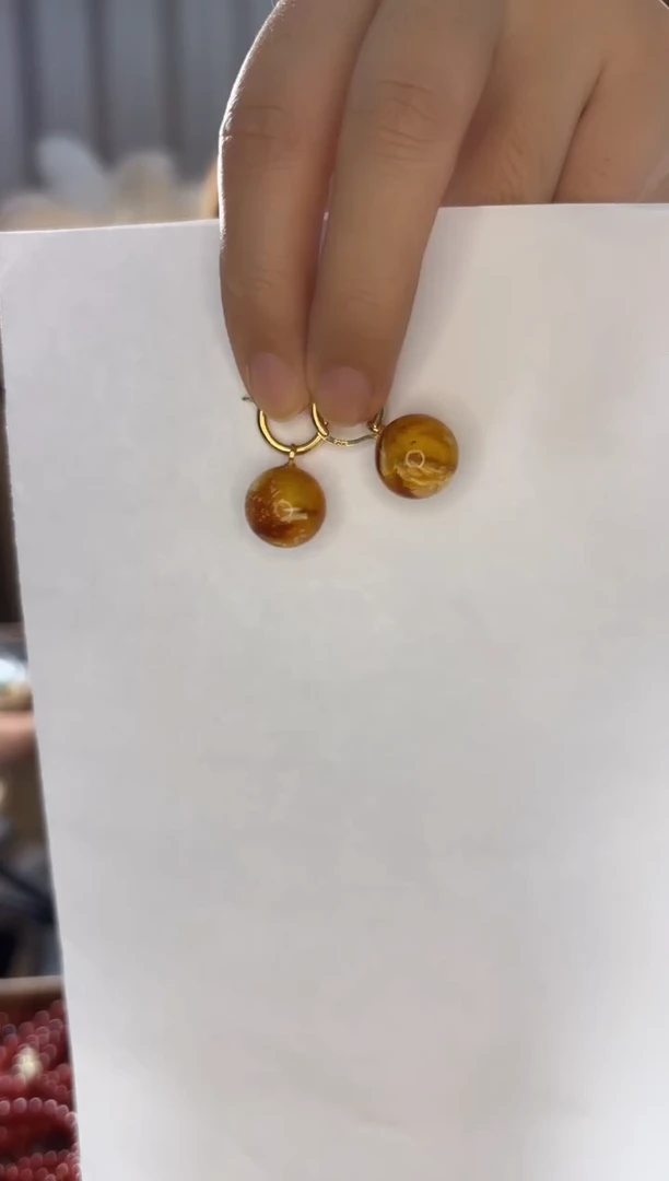 蜜蜡未镶嵌耳饰蜜蜡沁色溶洞精品耳饰