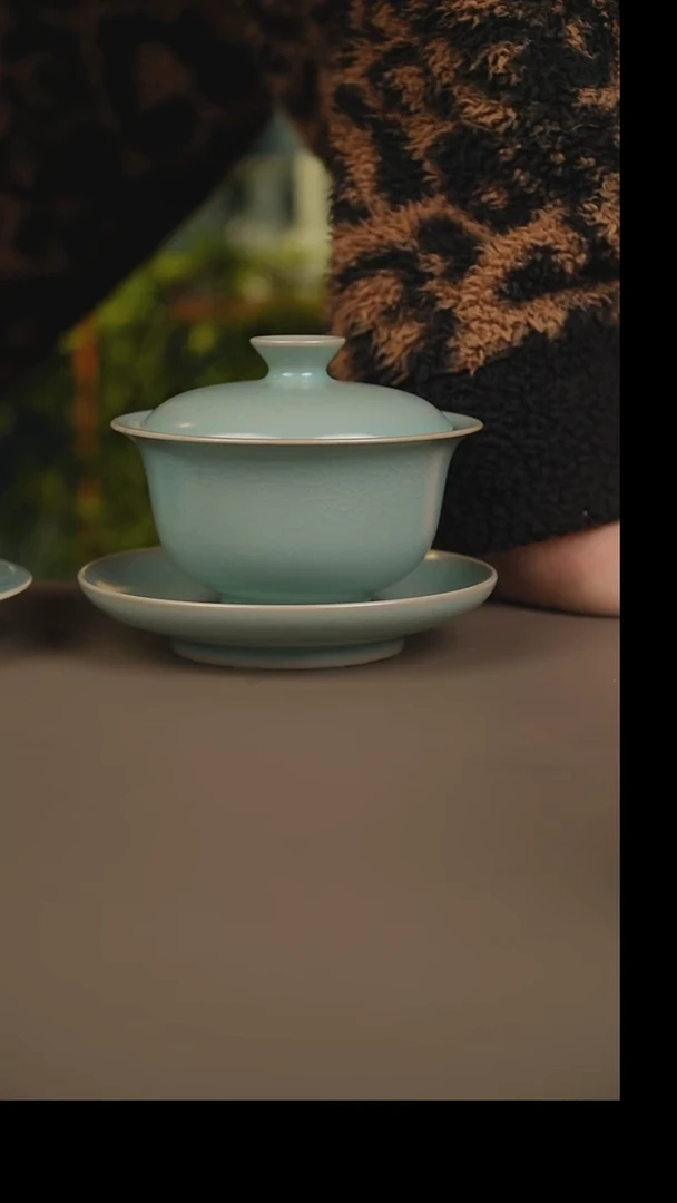 杯观*海仿古天青元宝盖碗微暇