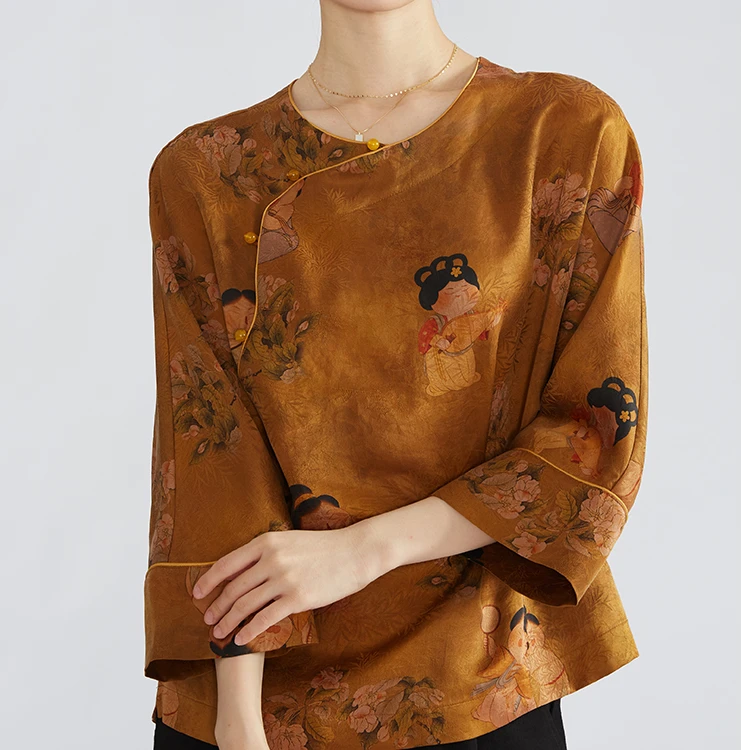 双十一新中式香云纱真丝上衣女重磅国风圆领斜襟七分袖桑蚕丝衬衫