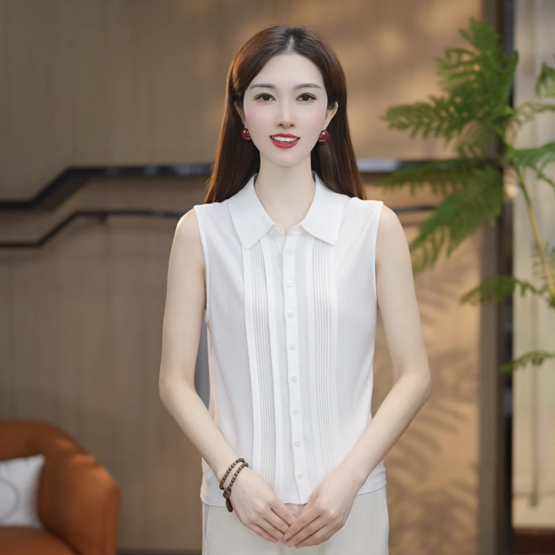 【林子定制】奢华桑蚕丝+羊毛设计感无袖女打底压褶气质上衣9018