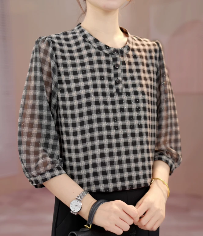 Y1260高品质]气质优雅时尚格子衬衫
