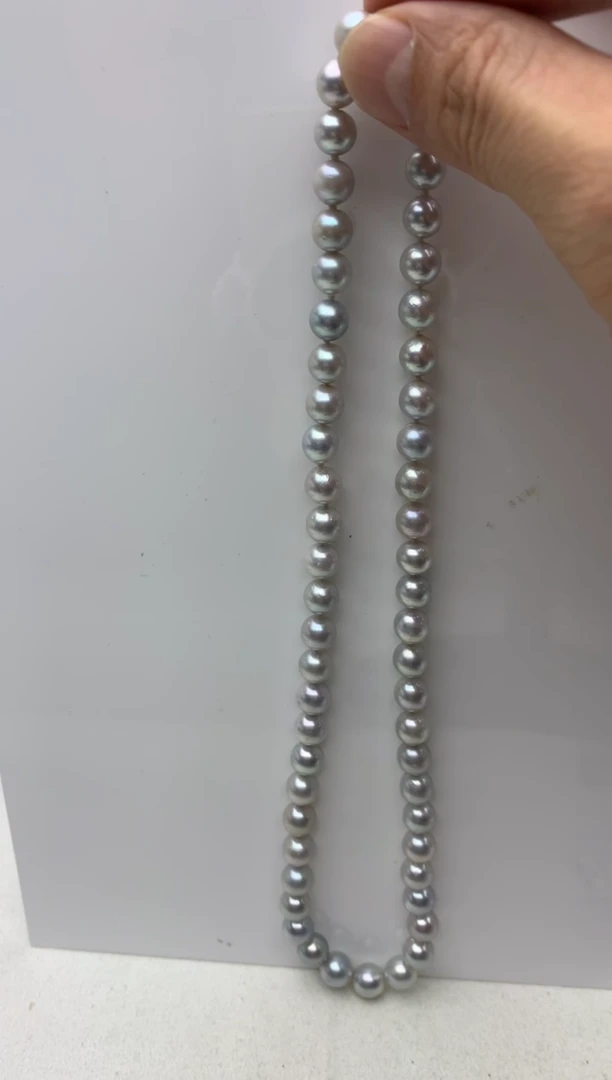 银S925镶嵌ff海水珍珠akoya灰珠串链7~8mm