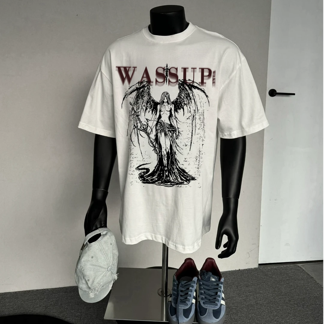 WASSUP WAKE欧美高街人物纯棉短袖t恤女男夏季美式复古潮牌上衣男