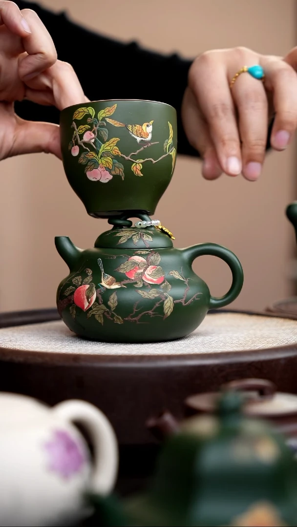 茶壶紫砂民国绿葫芦壶泥绘桃子 +杯
