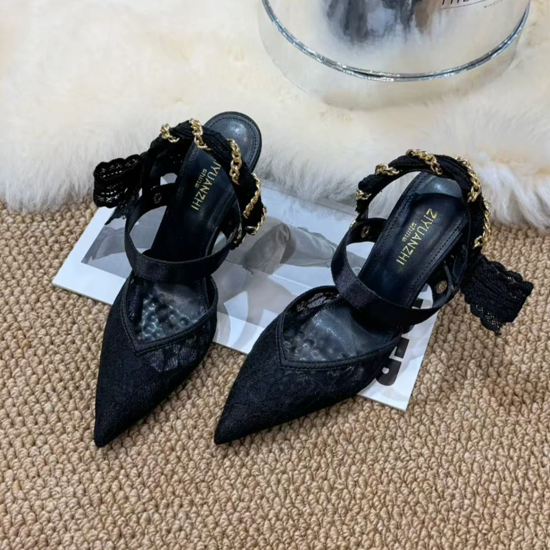 【柒七匠心】2025三穿凉鞋女镂空网纱蕾丝黑色高跟鞋女性感御姐单鞋