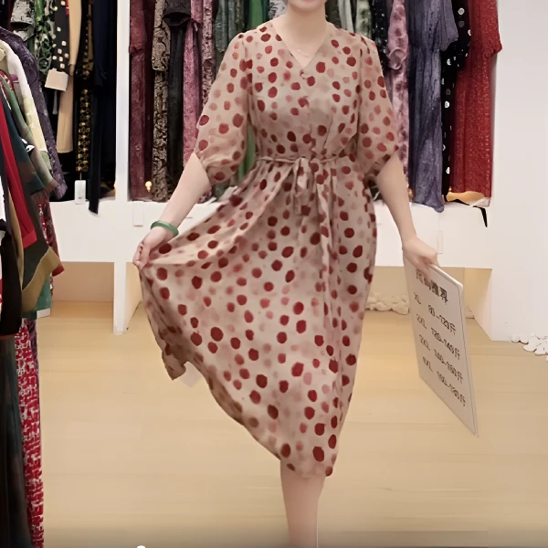 【新款上新】春夏季中式印花收腰时尚中长款气质五分袖连衣裙F602